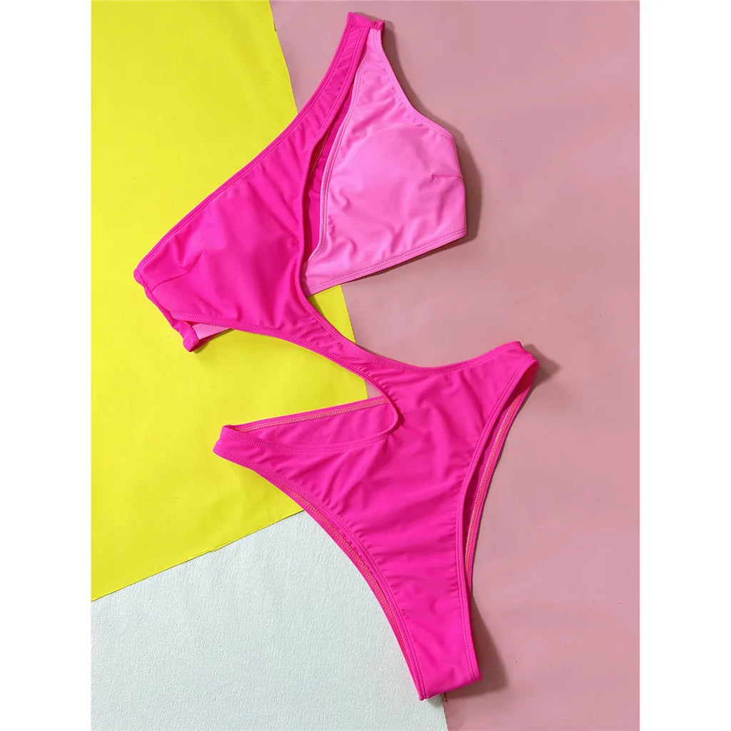 Asymmetric One Shoulder Monokini Hot Pink