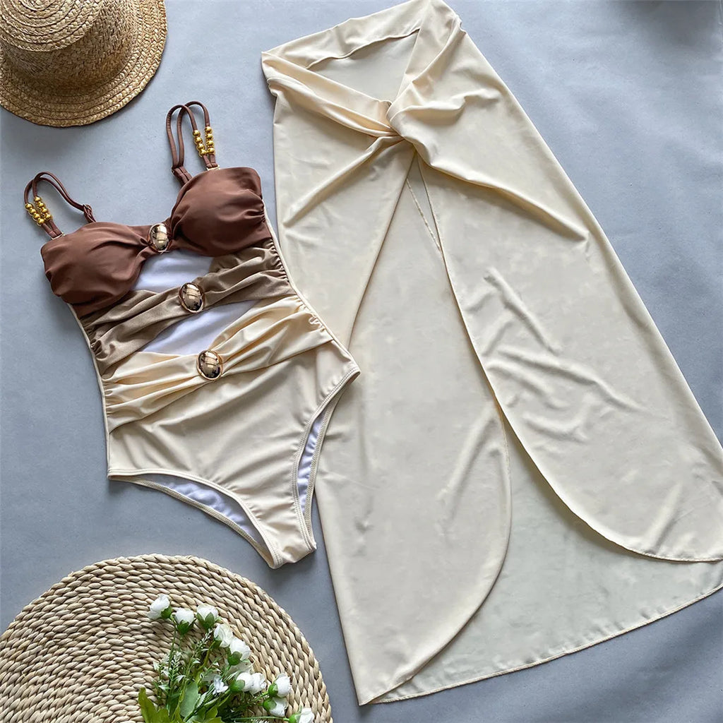 Splicing Knotted Skirt Monokini Set Brown