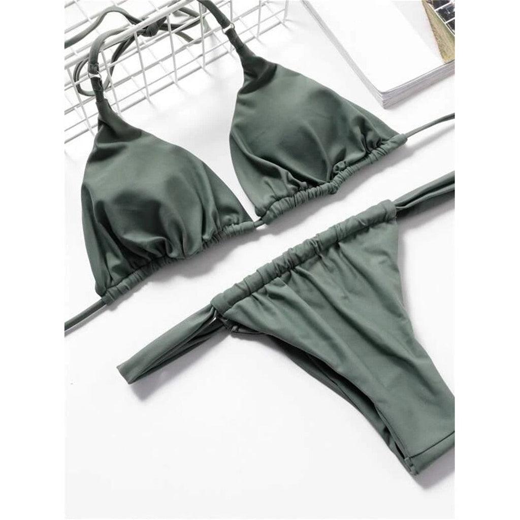 Wrinkled High Cut Thong Bikini Army Green