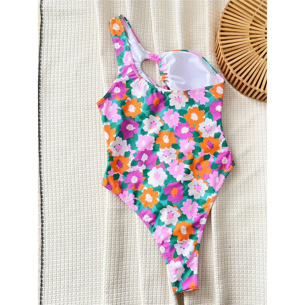 Floral Asymmetric One Shoulder Swimsuit