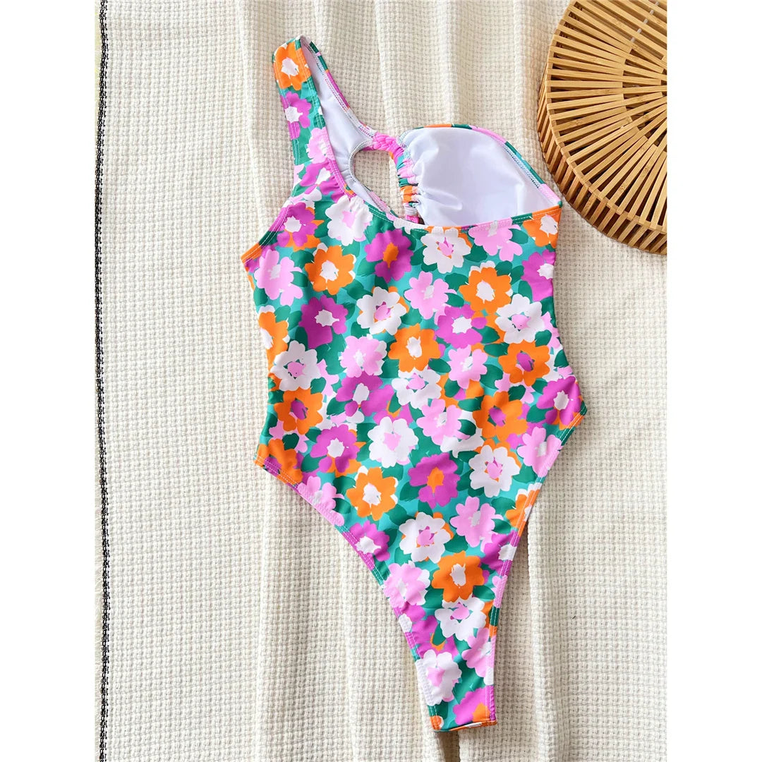Floral Asymmetric One Shoulder Swimsuit