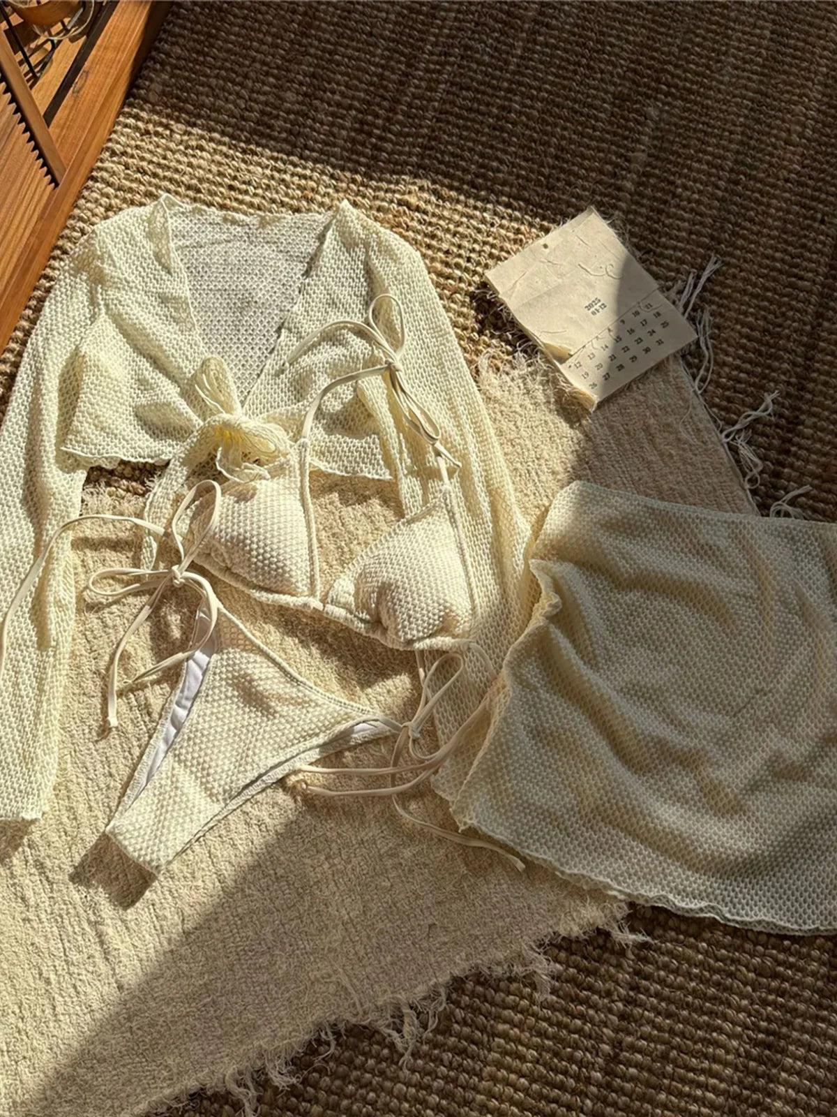 Long Sleeve Halter Bikini Set Beige
