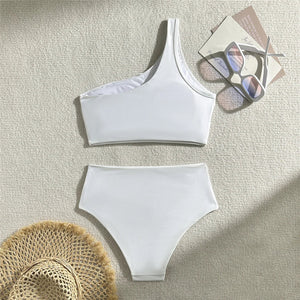 Wrinkled One Shoulder High Waist Bikini