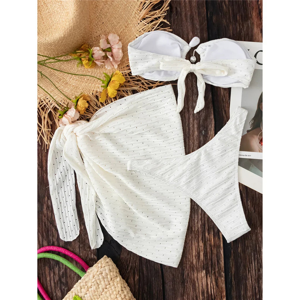 Bandeau Hollow Out Bikini with Sarong