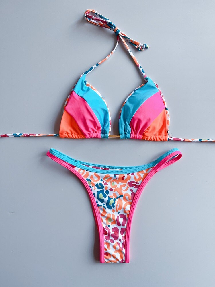 Brazilian Strappy Bikini Sky Blue Pink Orange