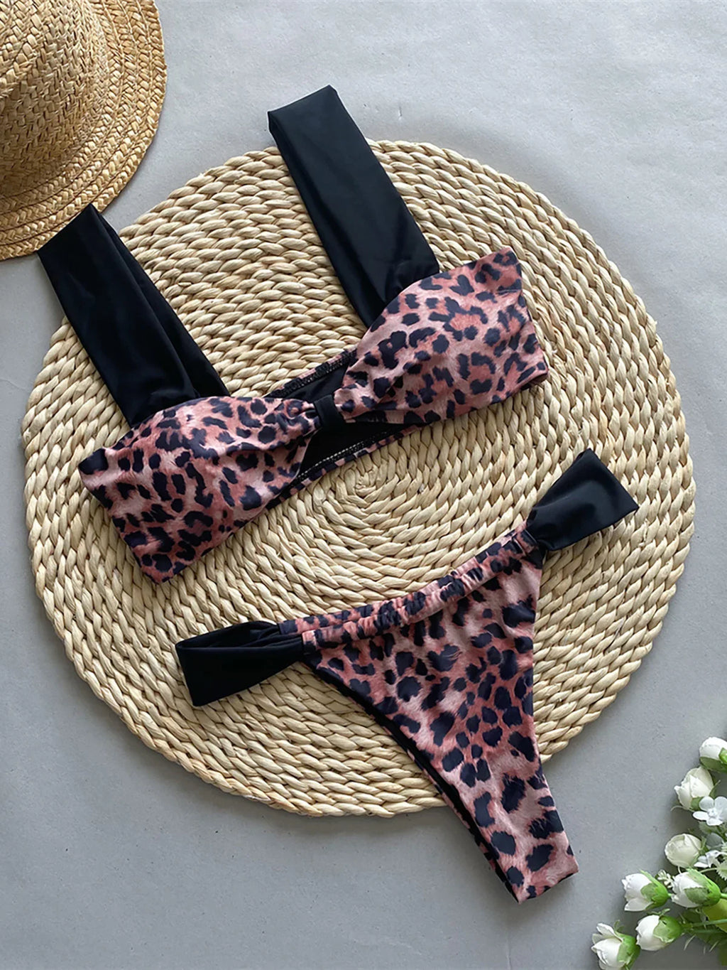 Leopard Splicing High Leg Bikini Set Leopard