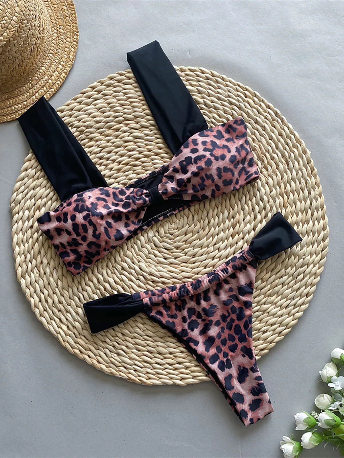 Leopard Splicing High Leg Bikini Set Leopard