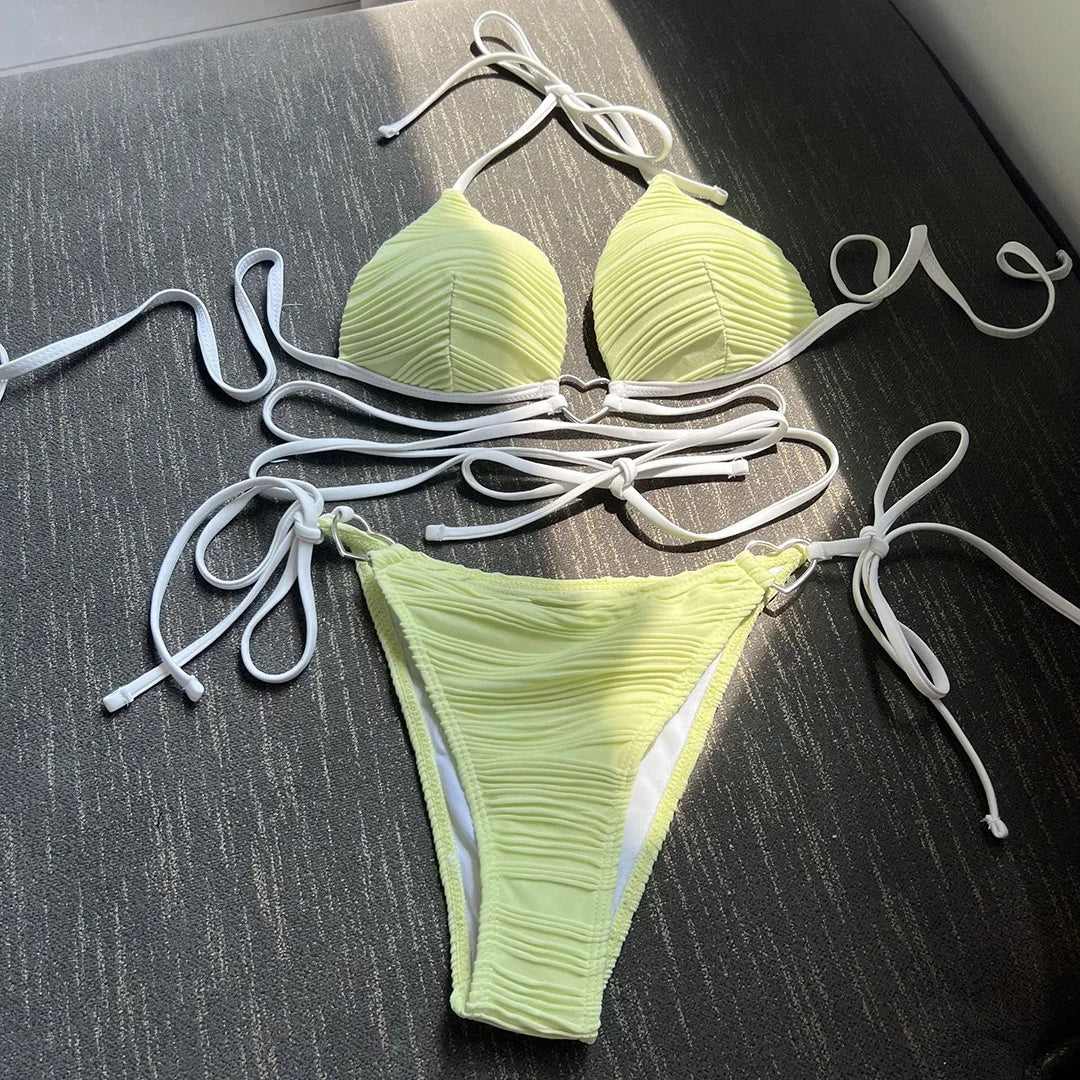 Wrap Halter Wrinkled Bikini Set Light Green