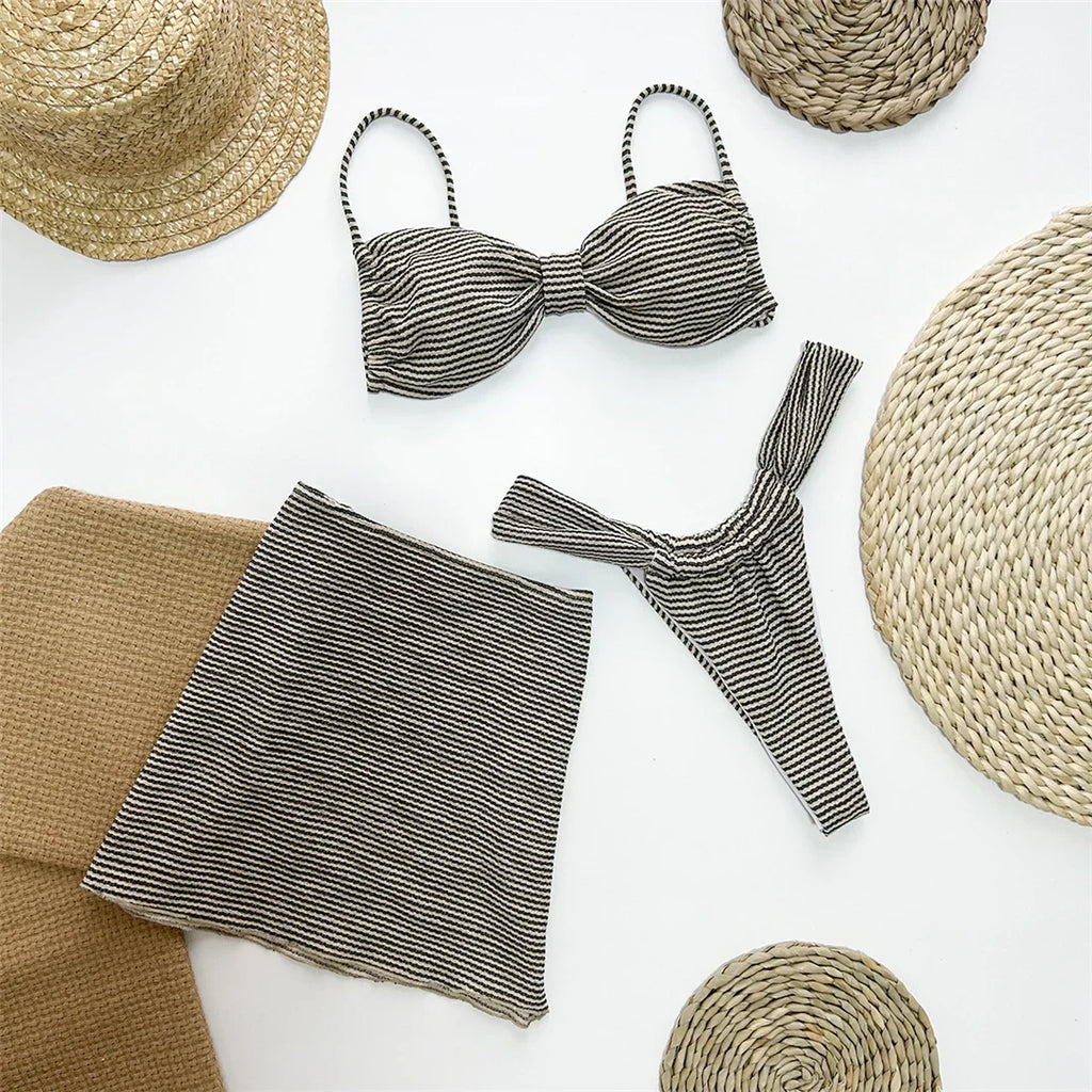 Three Piece Striped High Leg Bikini Set Striped