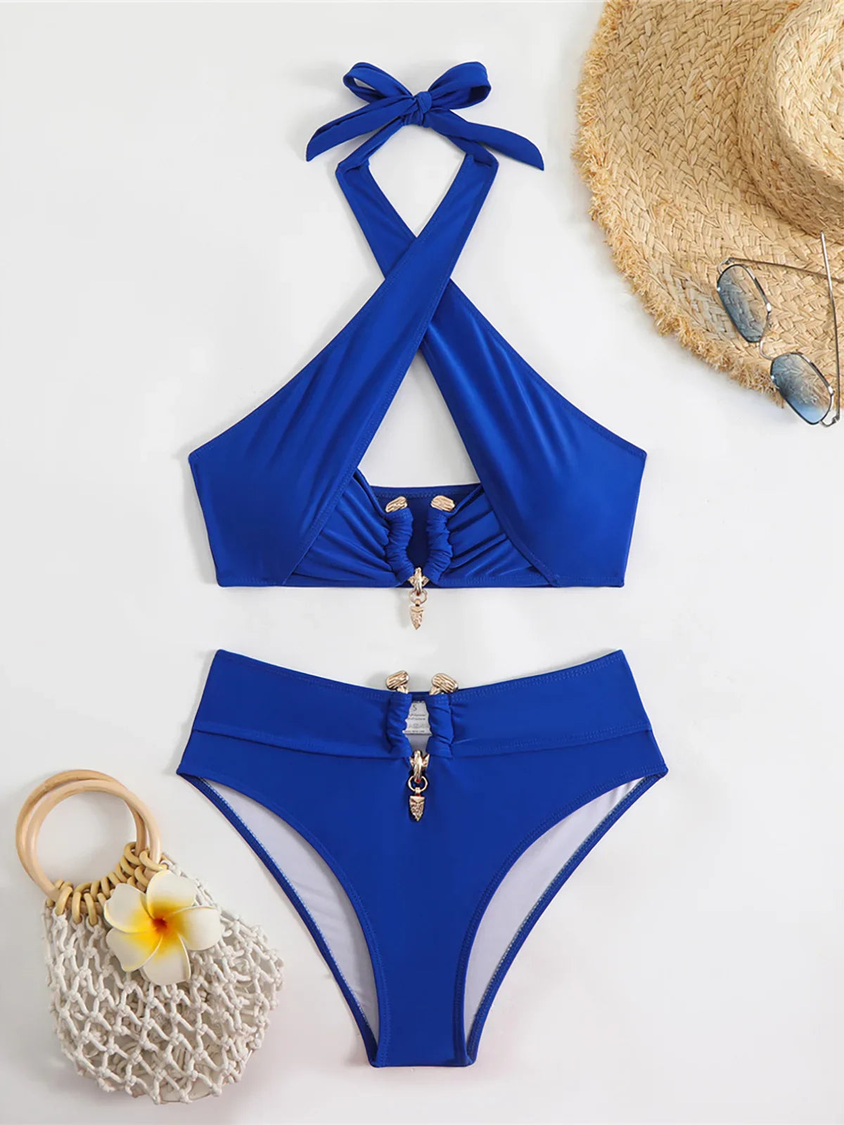 Halter Cut-Out High Waist Bikini Blue