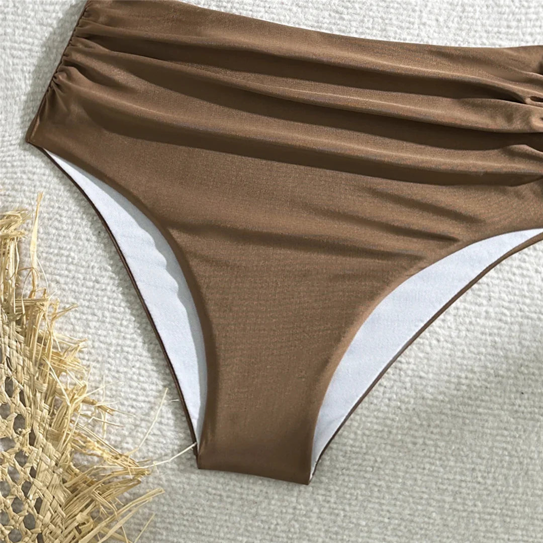 Wrinkled One Shoulder High Waist Bikini