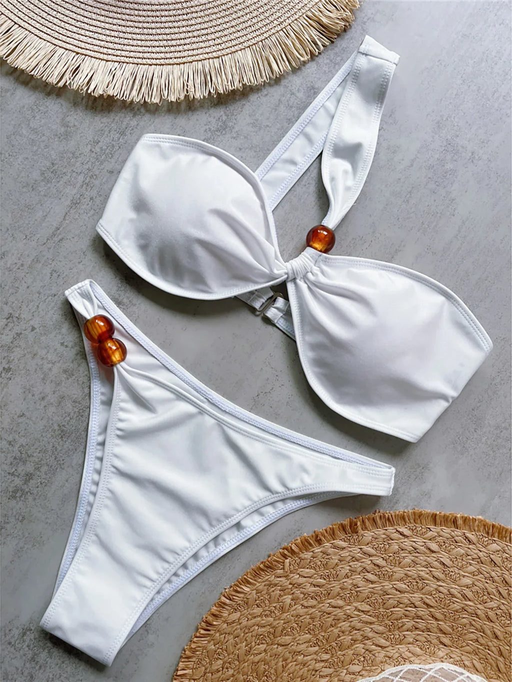 One Shoulder High Cut Bikini Set White