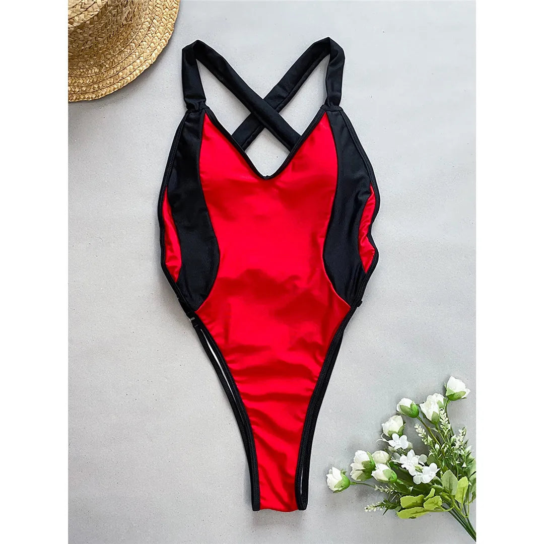 Splicing V Neck Cross Back Monokini Red