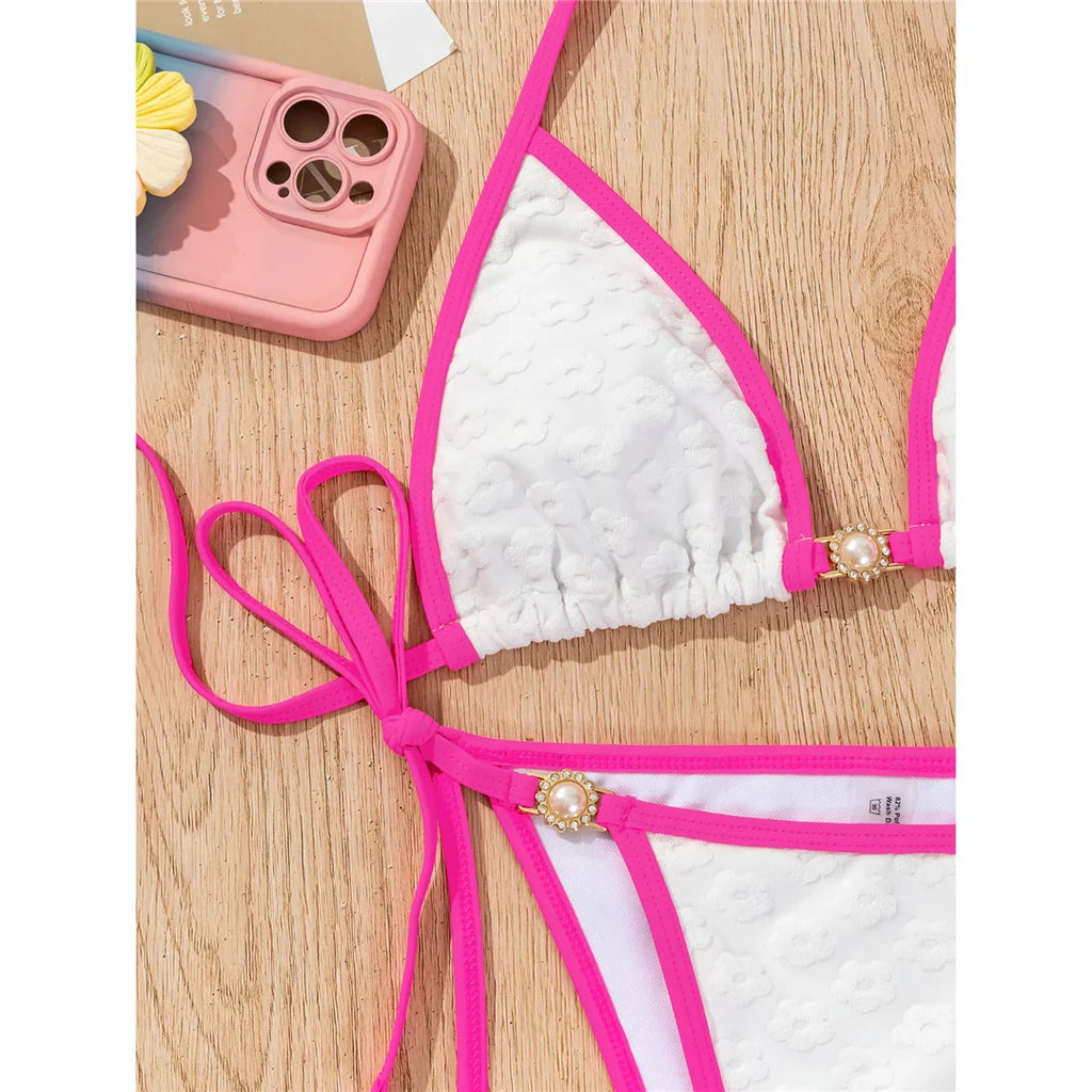 Pearl Rhinestones Halter Bikini Set