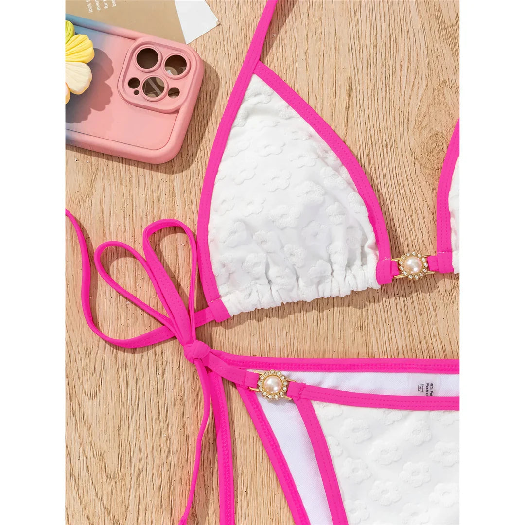 Pearl Rhinestones Halter Bikini Set