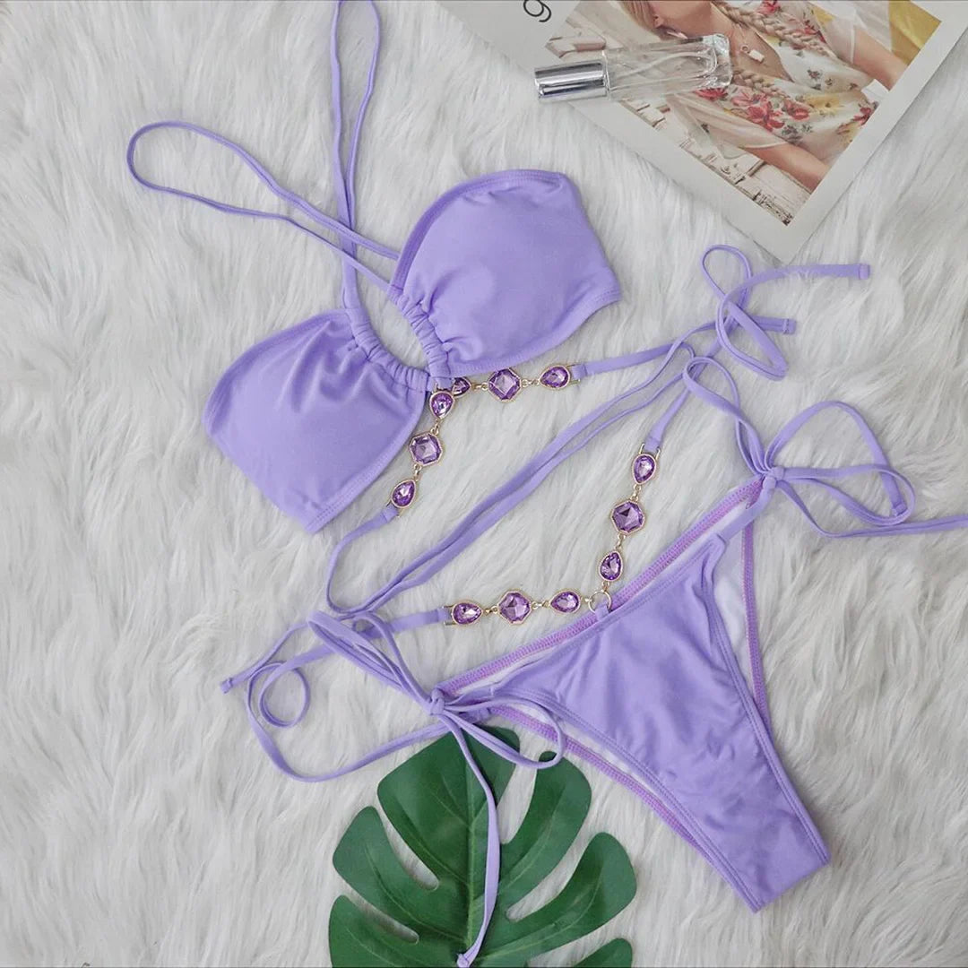 Rhinestone Wrap-Around Bikini Set Light Purple