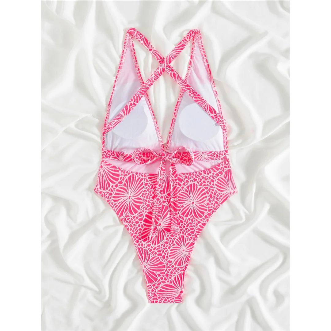 Printed Deep V Cross Back Swimsuit