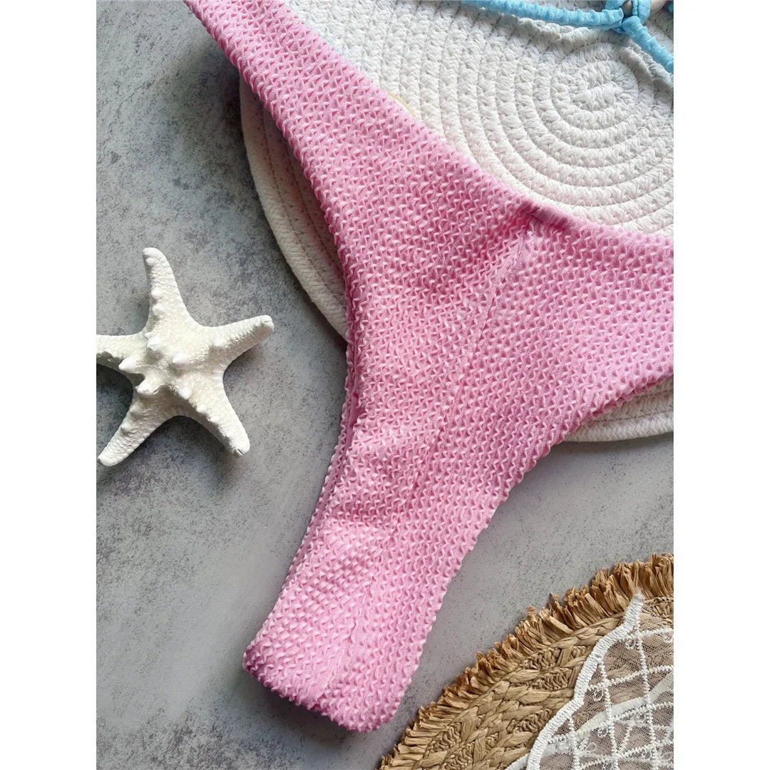 Crinkled Splicing Brazilian Bikini Set