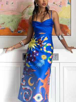 Robe mi-longue d'été sexy en satin dos nu imprimée sans manches