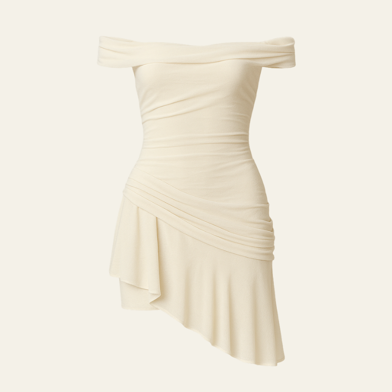The Saturnia Off-Shoulder Draped Mini Dress