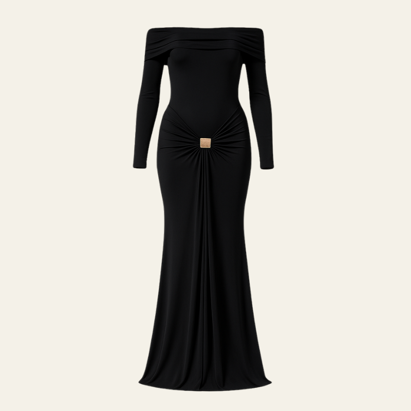 The Monaco Draped Off-Shoulder Evening Maxi Dress