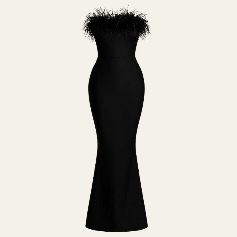 The St. Moritz Feathered Evening Maxi Strapless Dress