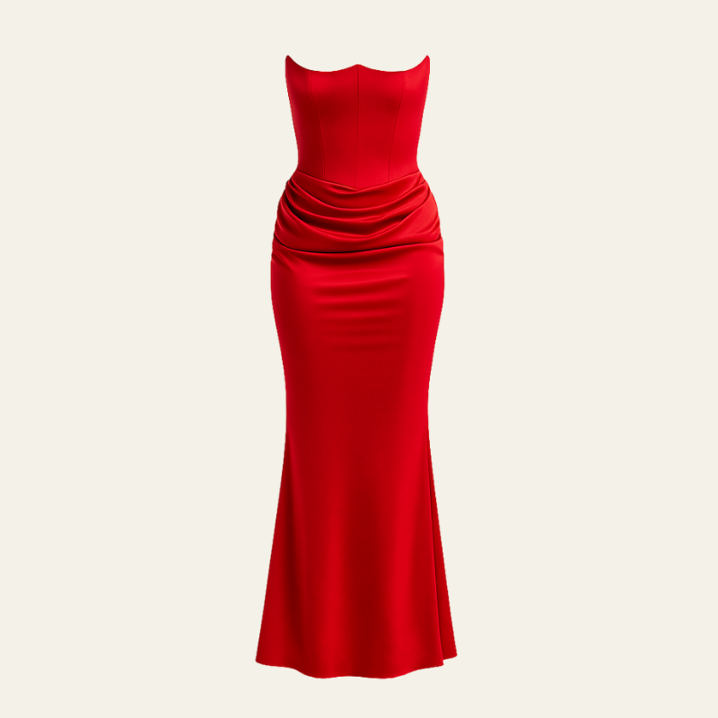 The Vienna Satin Draped Evening Maxi Strapless Dress