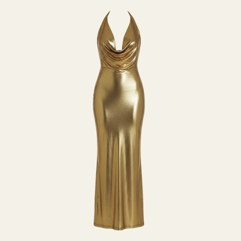 The Vionne Metallic Drape Maxi Dress
