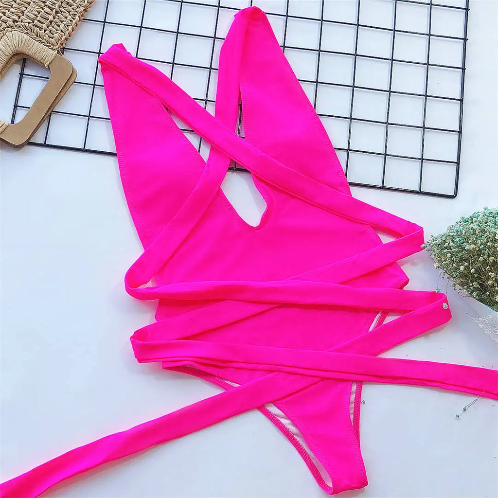 Snake Print Wrap One Piece Swimsuit Hot Pink