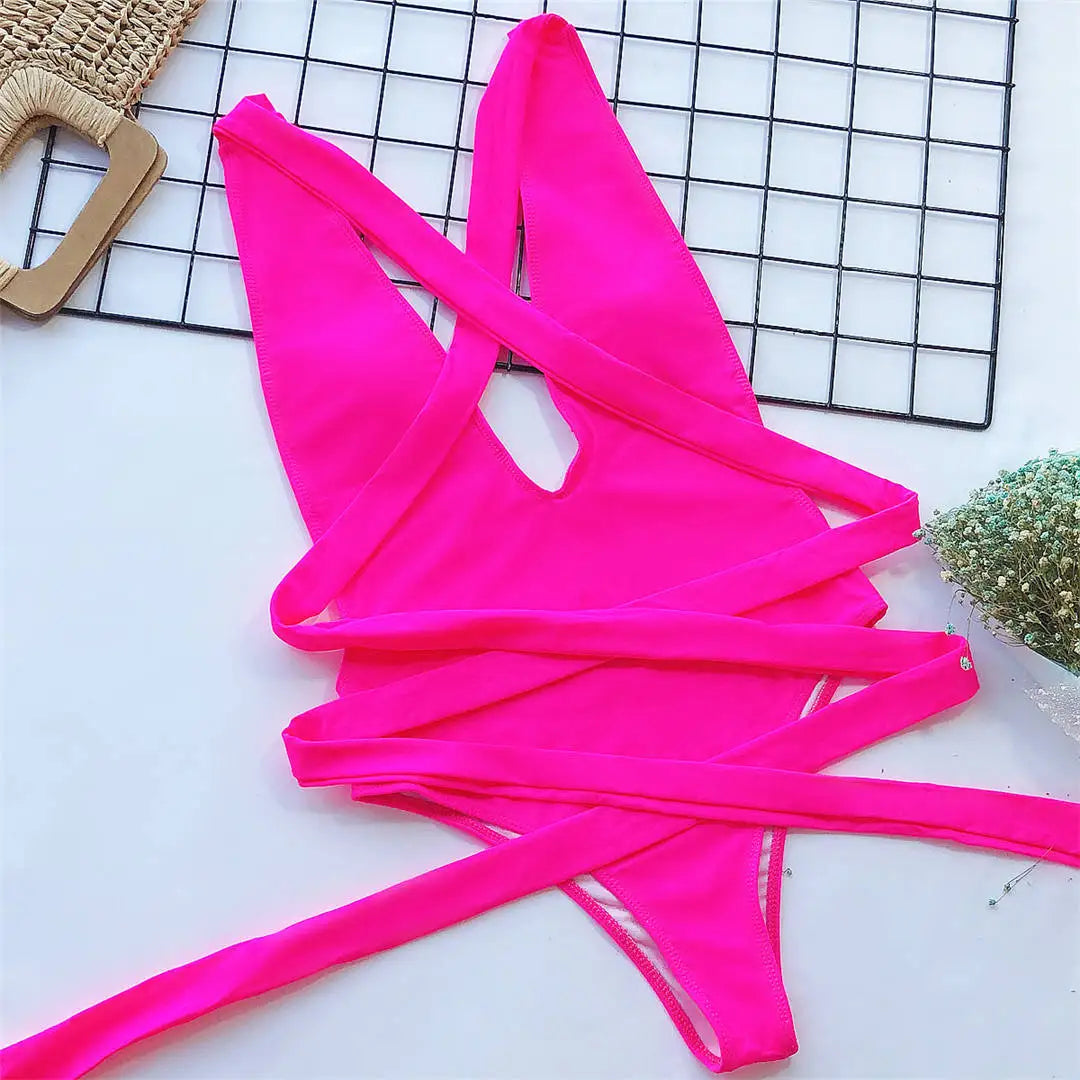 Snake Print Wrap One Piece Swimsuit Hot Pink