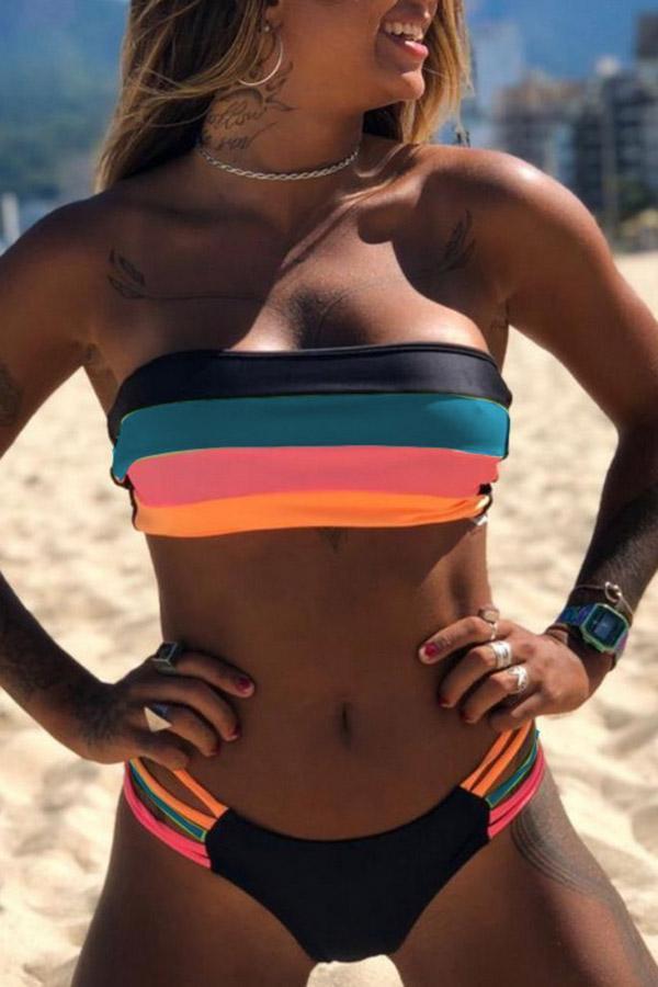 Bandeau Rainbow Striped Bikini Set Blue