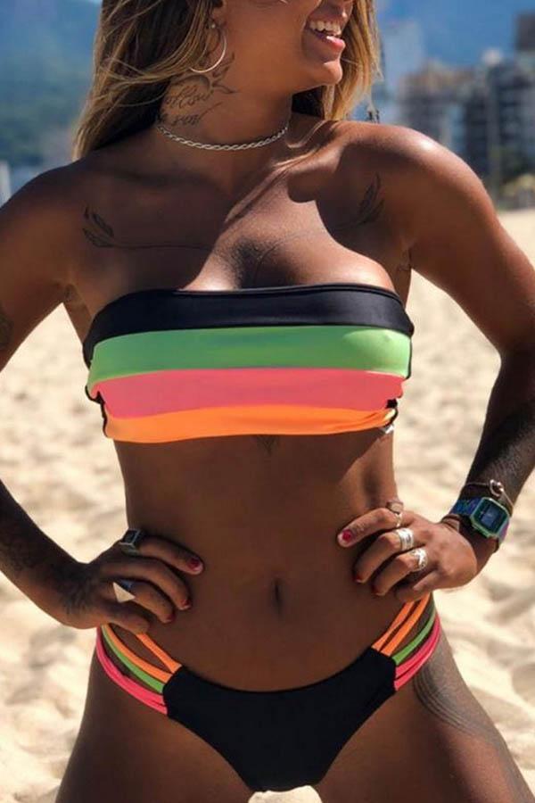 Bandeau Rainbow Striped Bikini Set Green