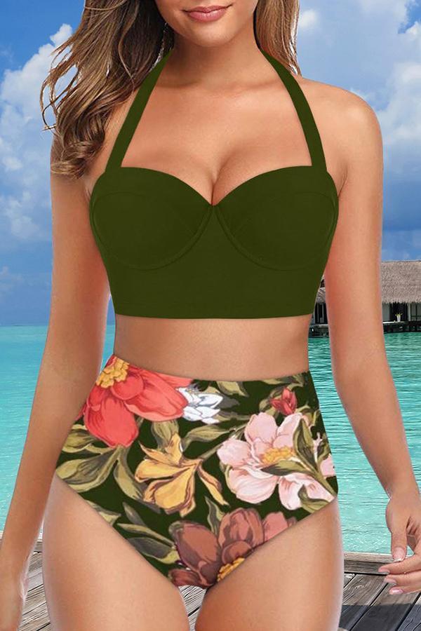 On-trend Flower Printed Bikini Swimsuit (5 Colors) Army Green