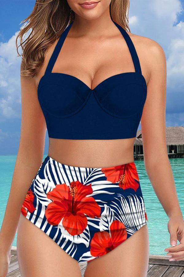 On-trend Flower Printed Bikini Swimsuit (5 Colors) Blue