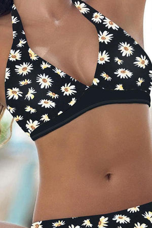 Flower Printed Halter Neck Bikini Swimsuit (2 Colors) Black