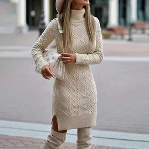 The Siena Cable-Knit Turtleneck Mini Dress Beige