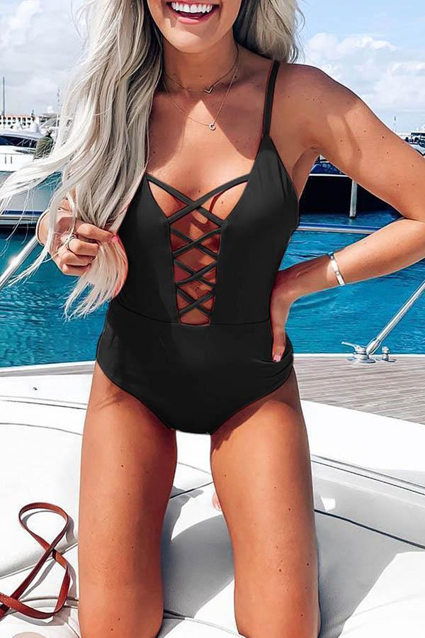 Black Hollow-out One-piece Swimsuit Black