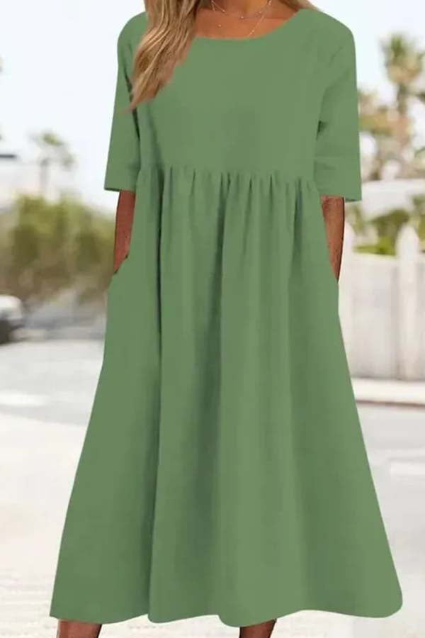Summer Hot Sale -Round neck pocket halter cotton dress Green