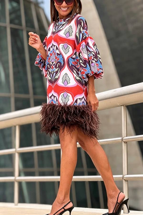 Make A Statement Unique Print Balloon Sleeve Pocket Feather Trim Mini Dress