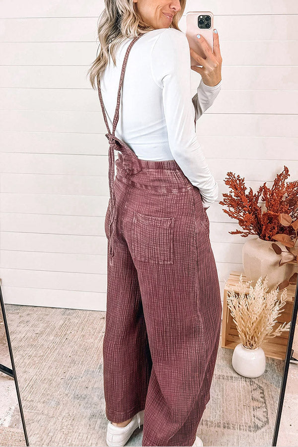 Red Textured Shoulder Straps Pocketed Overalls