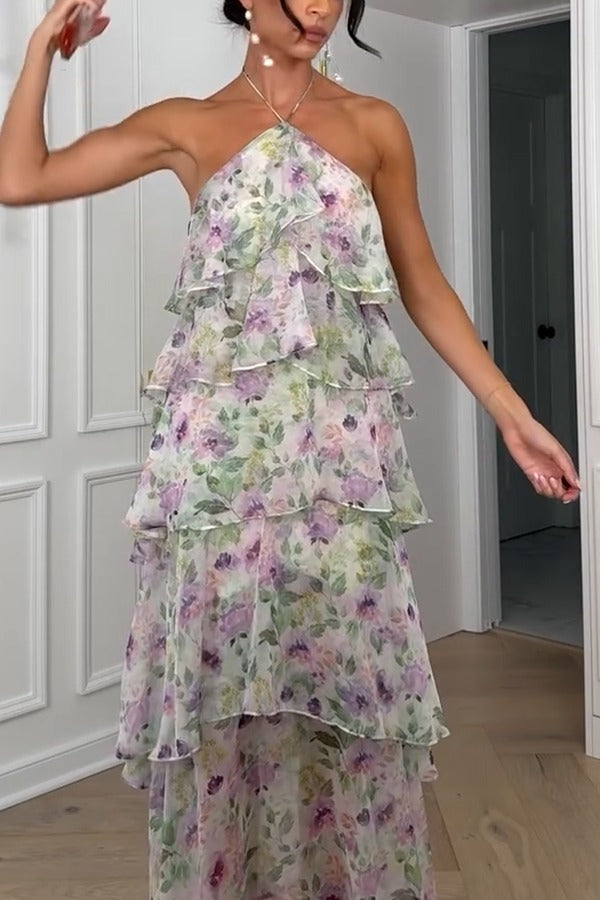 Cocktail Party Sheer Floral Georgette Halter Flowy Tiered Maxi Dress