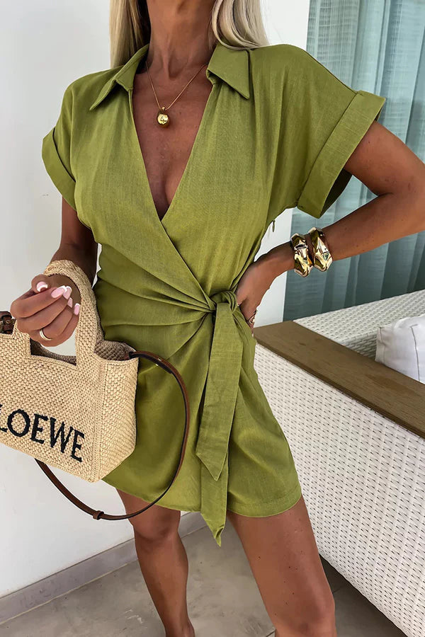 Relaxing Beach Linen Blend Solid Color Wrap Loose Shirt Romper Green