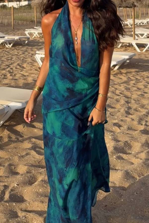 Halter Cowl Neck Tie Dye Maxi Dress