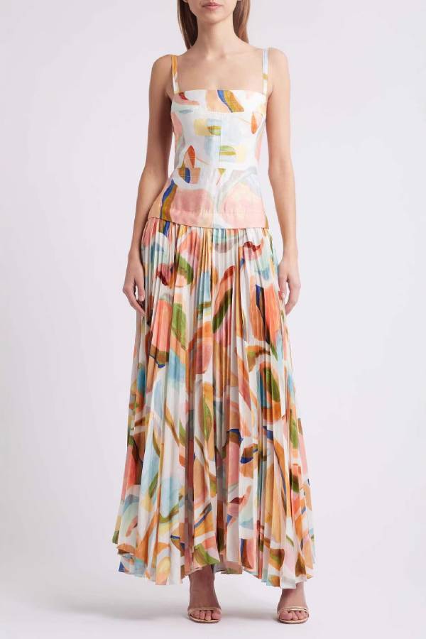 Thin Strap Square Neck Open Back Waisted Abstract Watercolor Print Pleated Maxi Dress