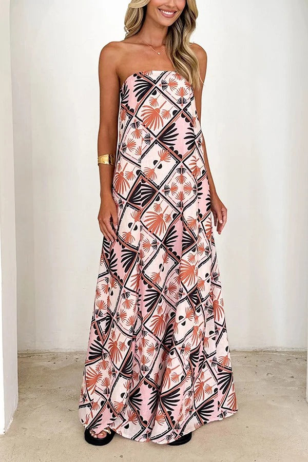 Unique Printed Sexy Strapless Backless Holiday Casual Maxi Dress
