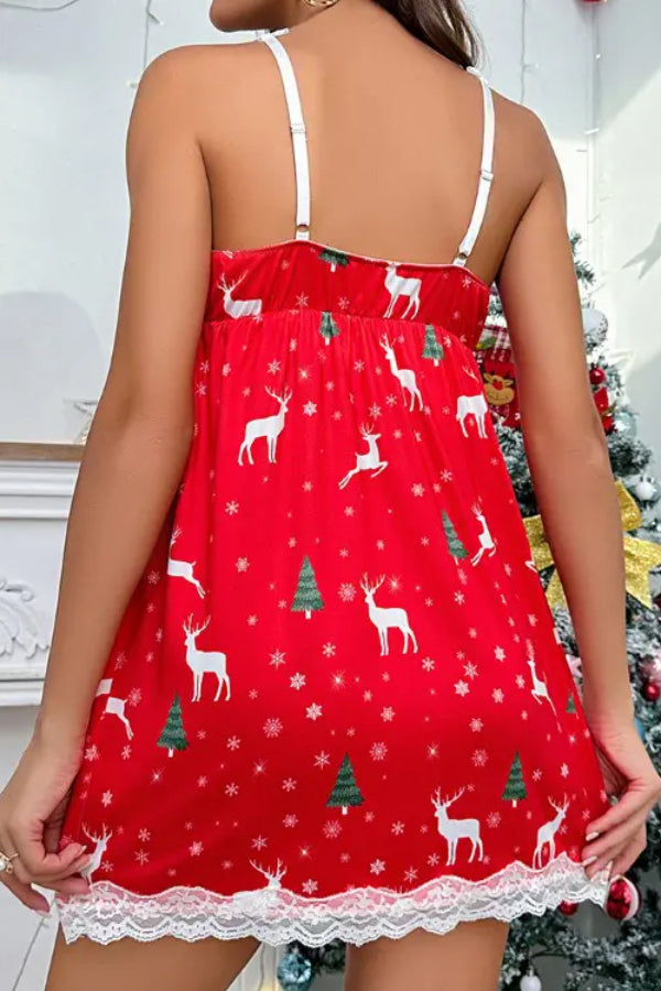 Christmas Tree Elk Snowflake Print Lace Trim Babydoll