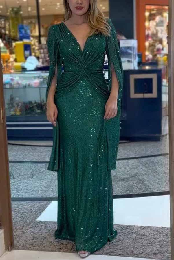 Shine Brighter Sequin Cape Sleeve Cross Waist Evening Maxi Dress Green