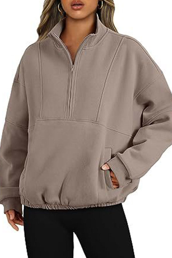 Zip Pocket Pullover Stand Collar Long Sleeve Top Camel