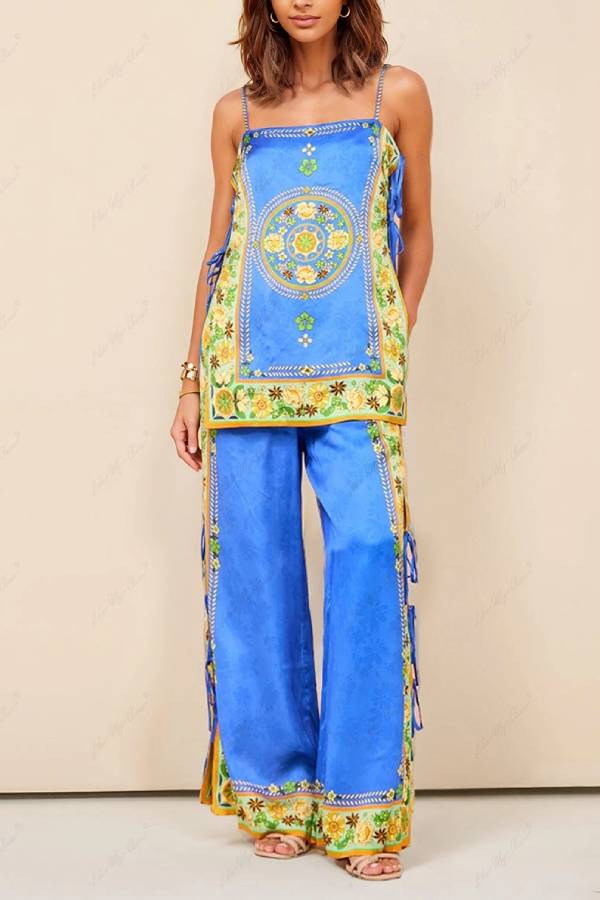 Satin Printed Tie Cami Top Split Wide Leg Pants 2 Piece Boho Vacation Set
