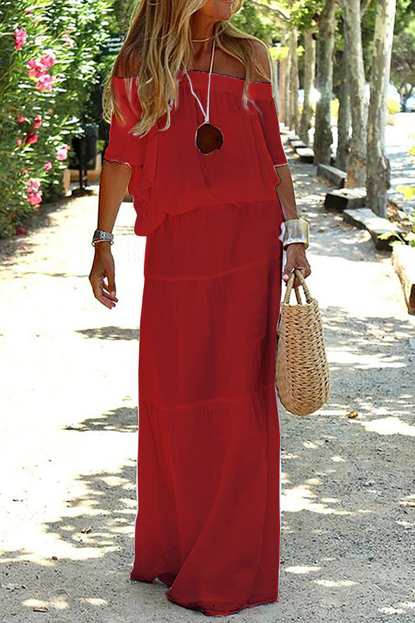 Casual Off Shoulder Solid Beach Maxi Dress Red